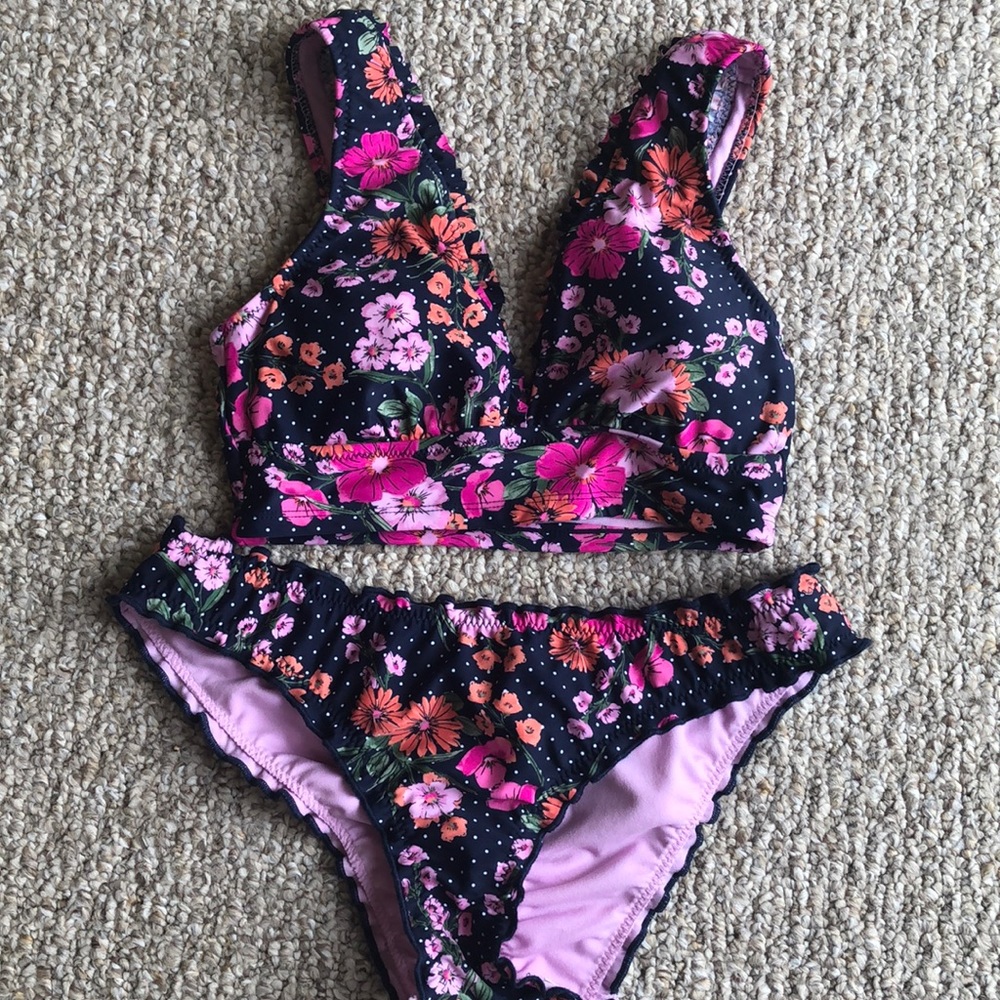 Shade & Shore Navy Blue Floral Bikini Size S